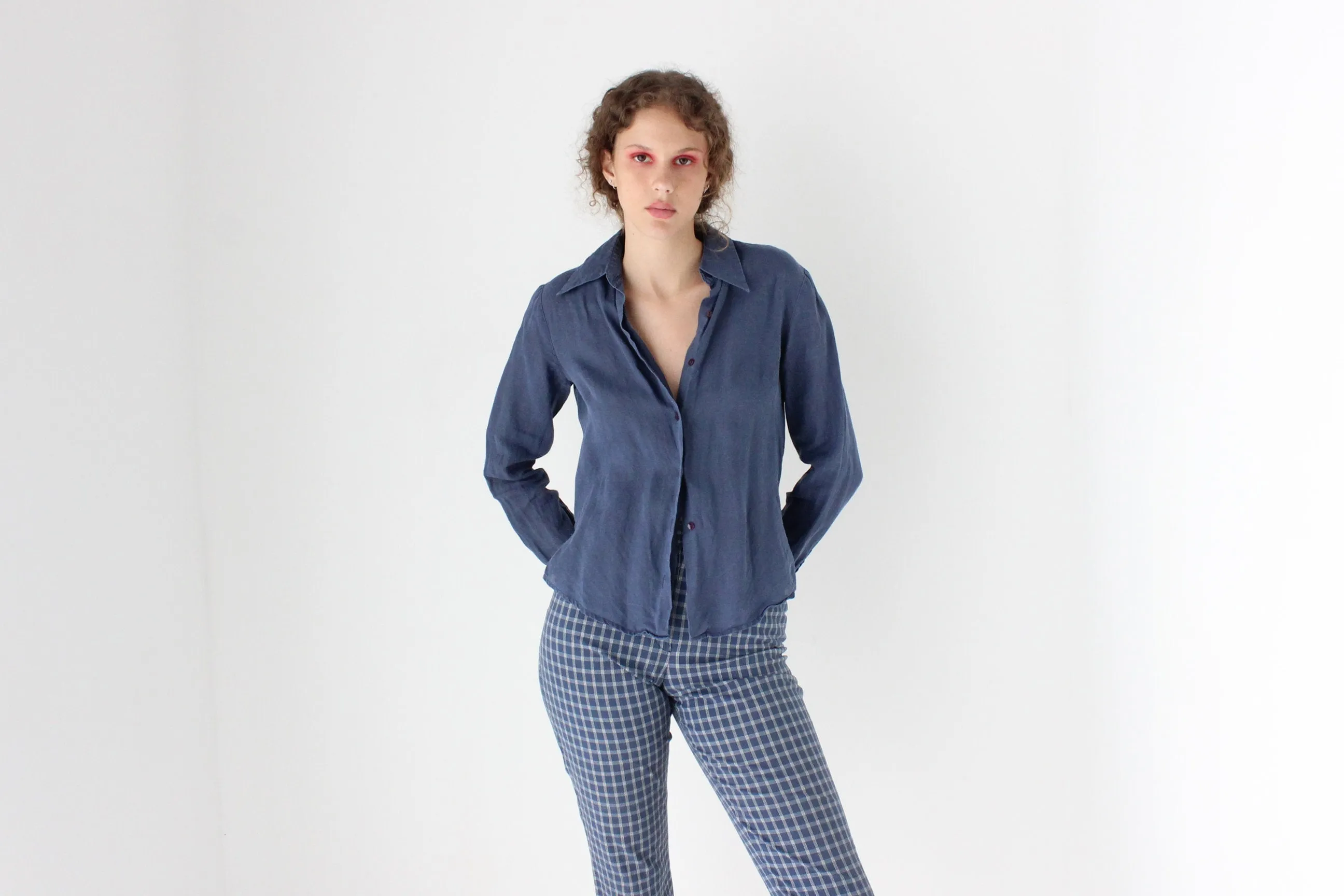 90s Benetton Italy Blue Linen Button Up