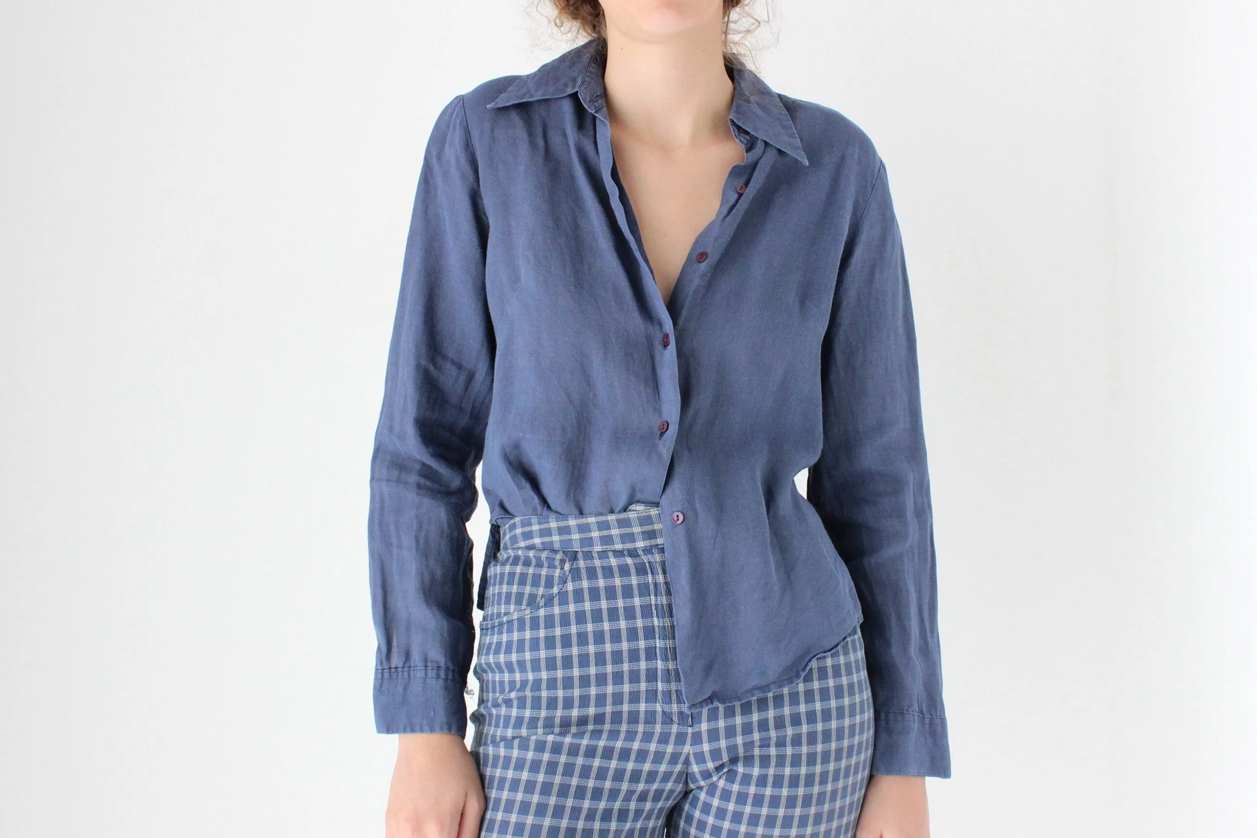 90s Benetton Italy Blue Linen Button Up