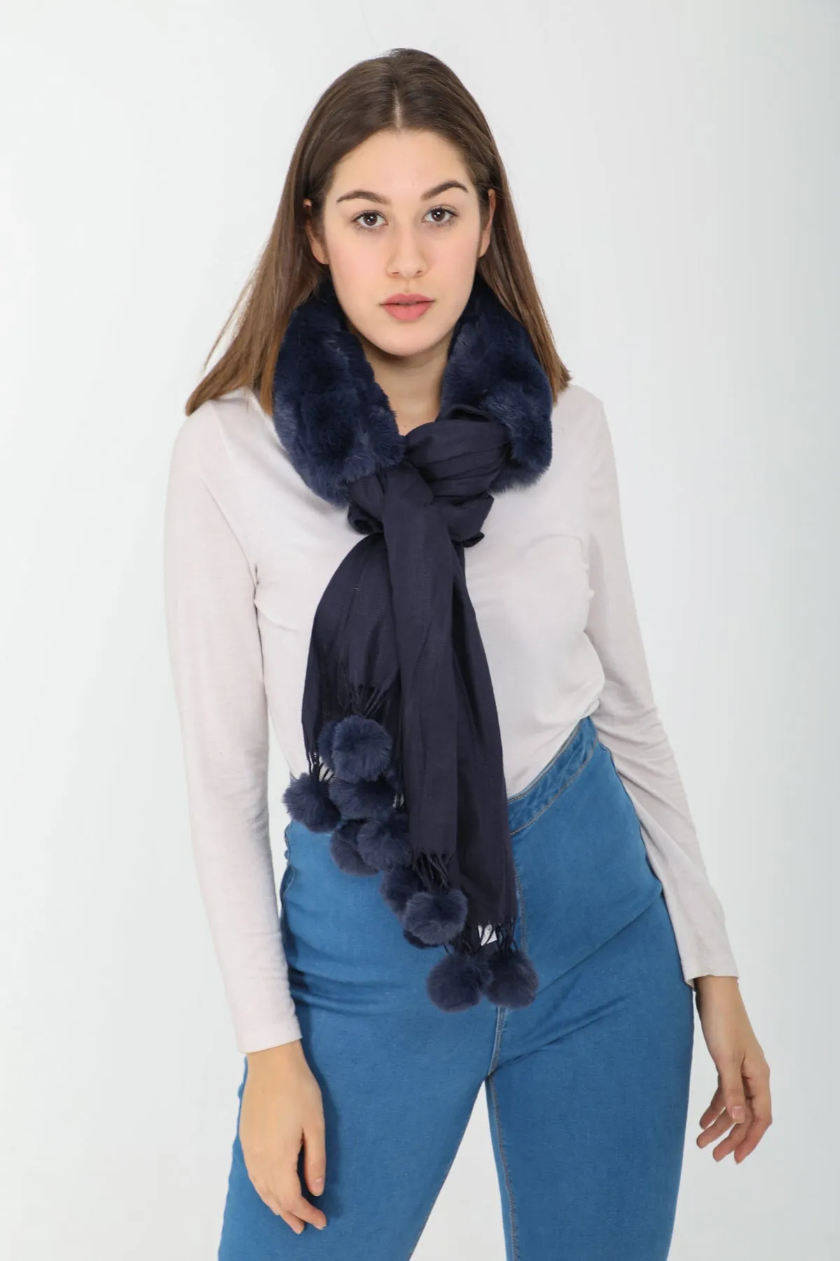 Alannah Navy Fur Collar Scarf with Pom Tassel