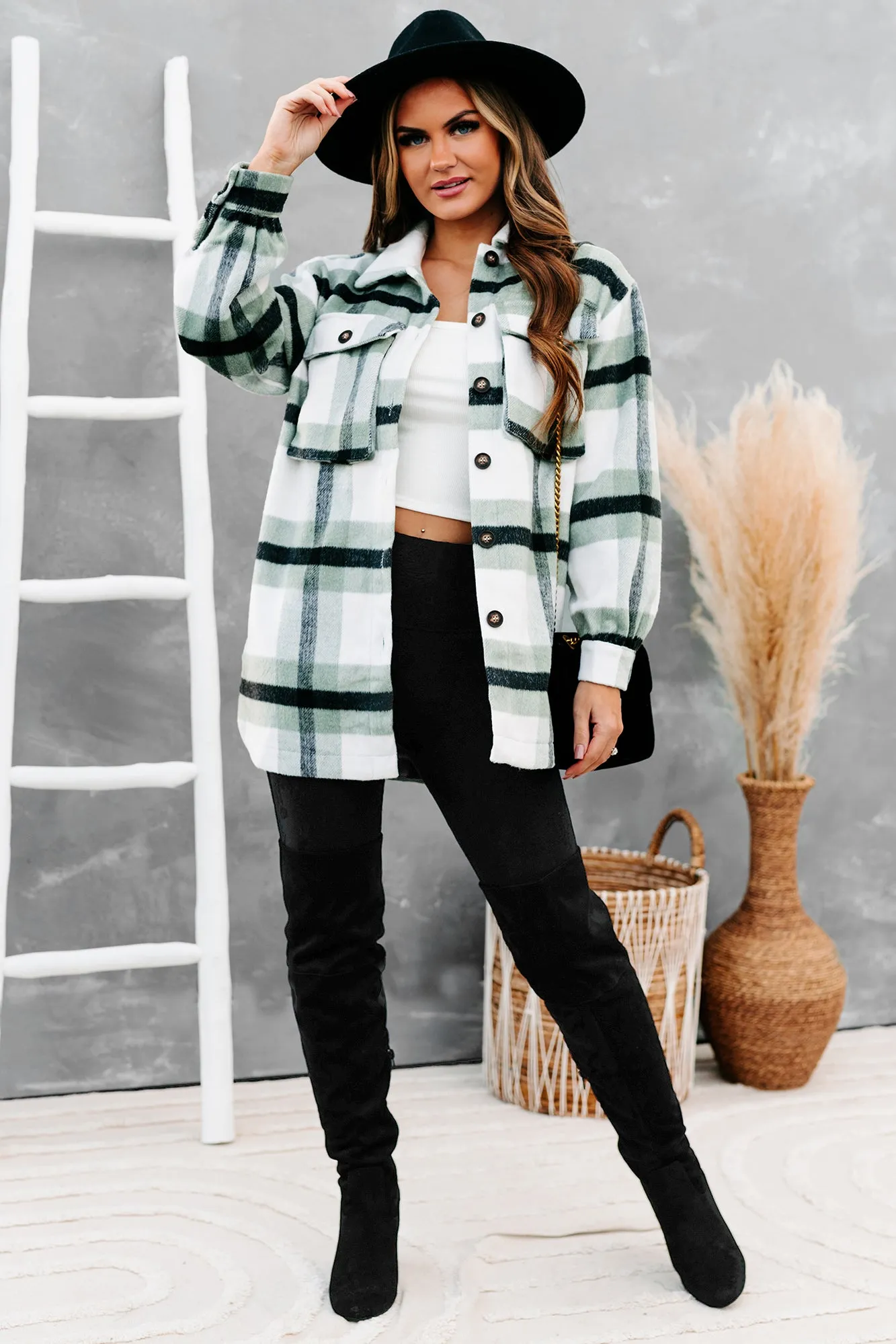 Big City Dreams Wool Plaid Shacket (Sage)