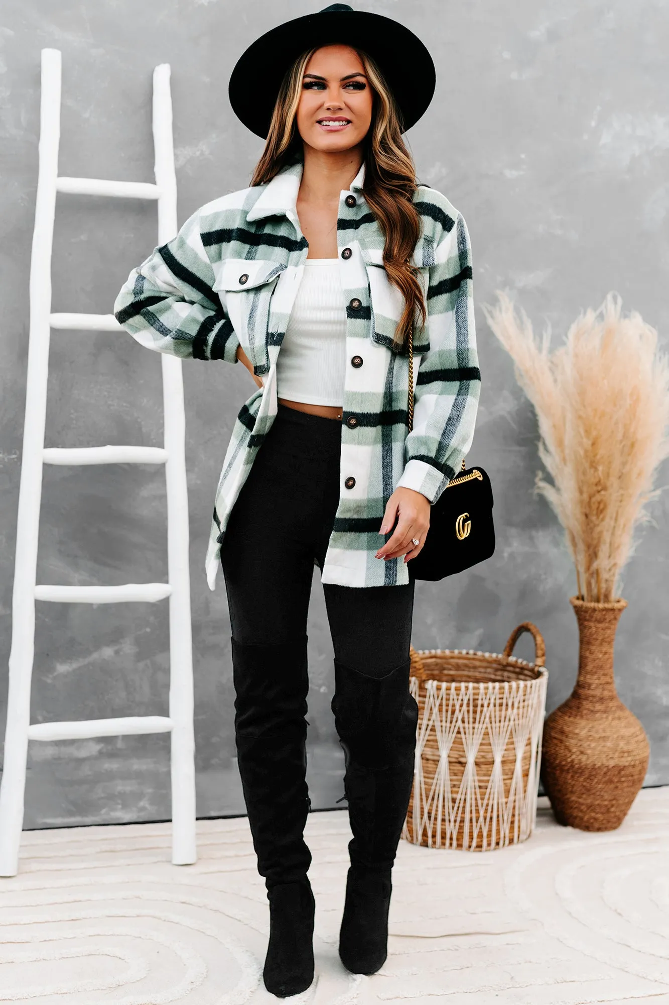 Big City Dreams Wool Plaid Shacket (Sage)