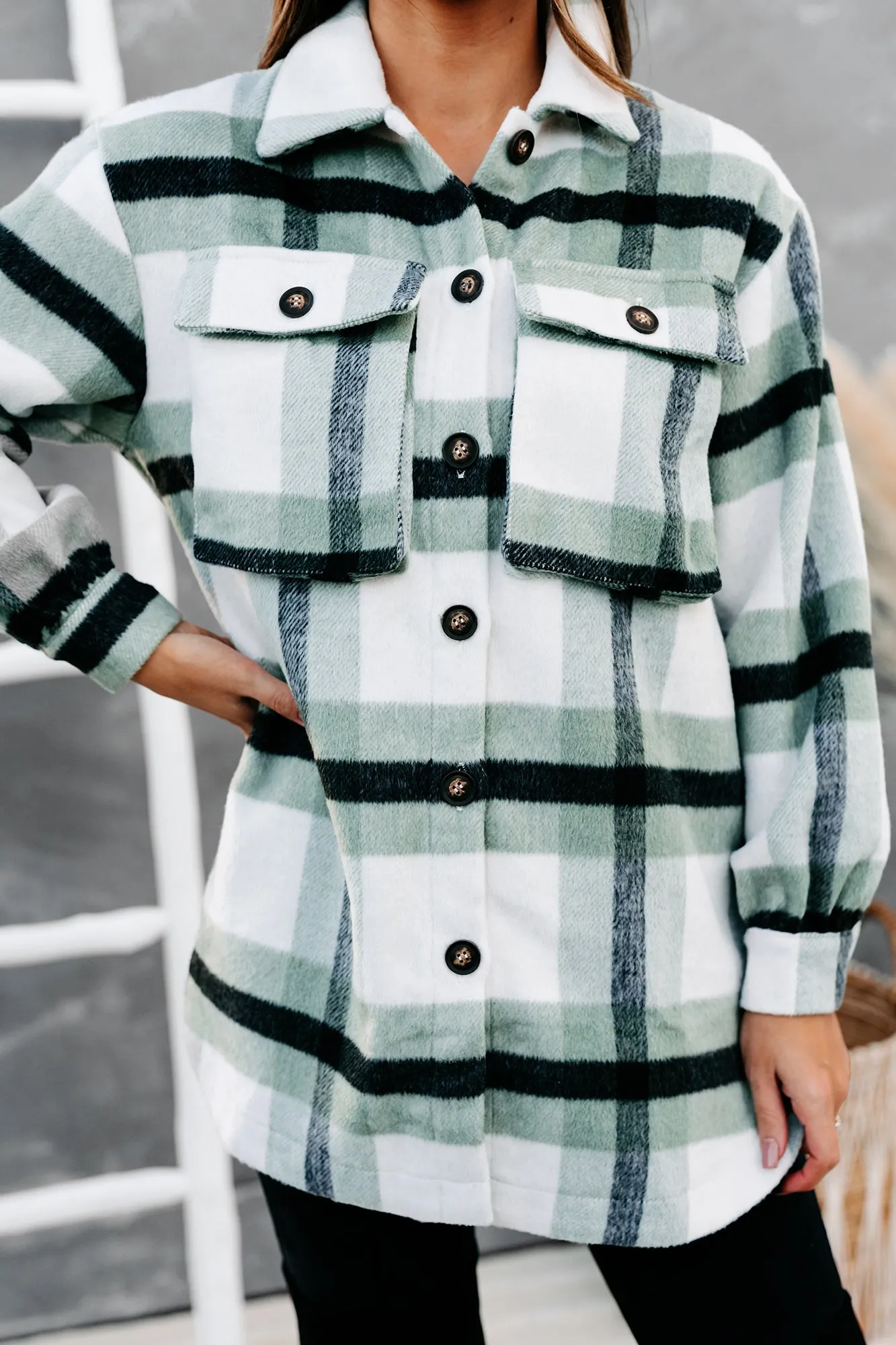 Big City Dreams Wool Plaid Shacket (Sage)