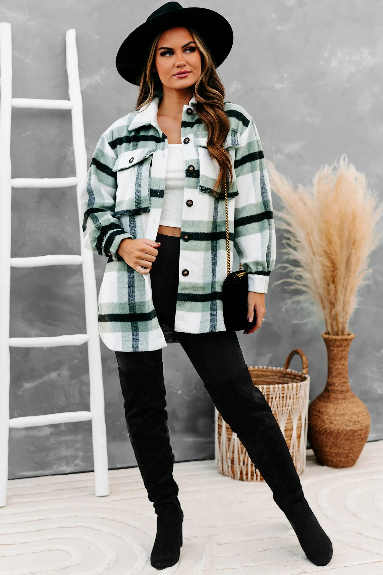 Big City Dreams Wool Plaid Shacket (Sage)