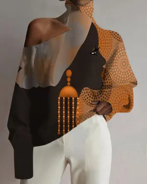 Black Girl Color Match Ethnic Style Vintage Print High Neck Long Sleeve Top