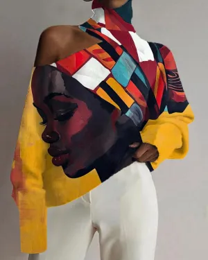 Black Girl's Off-shoulder Dress with Oil Painting Print and Ethnic Style