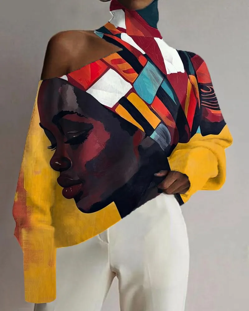 Black Girl's Off-shoulder Dress with Oil Painting Print and Ethnic Style