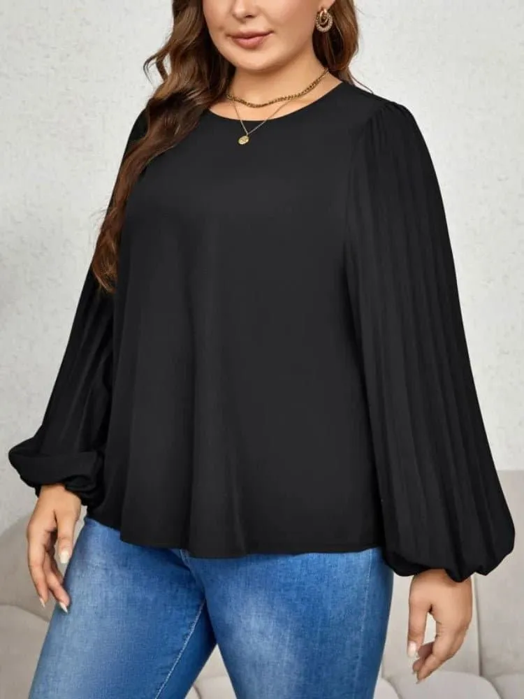 Black Lantern Sleeve Shirt for Women - Loose Fit, Elegant Style