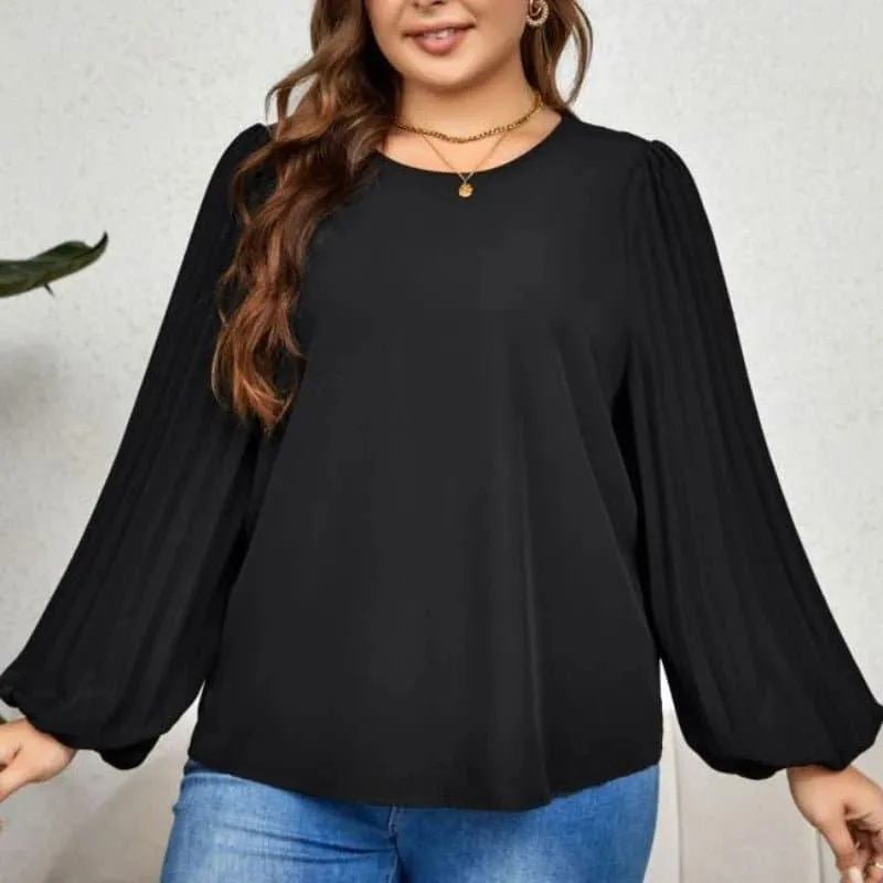 Black Lantern Sleeve Shirt for Women - Loose Fit, Elegant Style