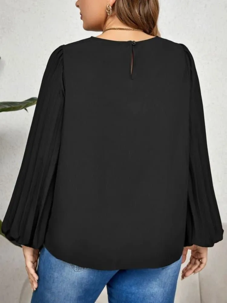 Black Lantern Sleeve Shirt for Women - Loose Fit, Elegant Style