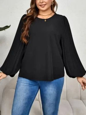 Black Lantern Sleeve Shirt for Women - Loose Fit, Elegant Style