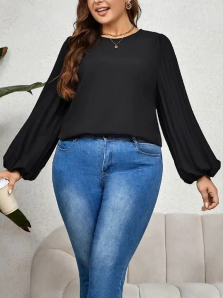 Black Lantern Sleeve Shirt for Women - Loose Fit, Elegant Style