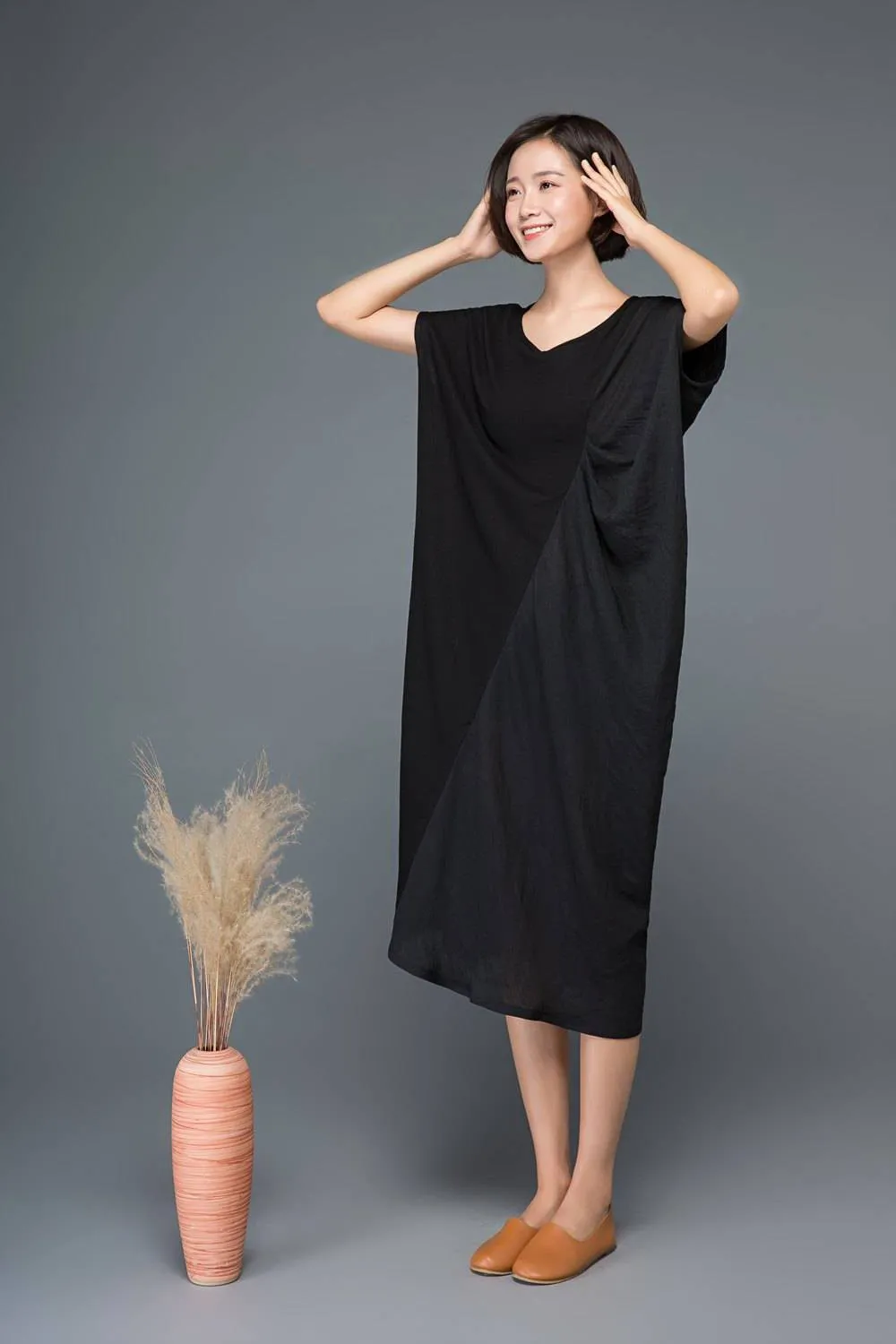 Black linen dress, linen dress, black dress, linen dresses for women, pocket dress, midi dress, summer dress, pluse size dress C1148