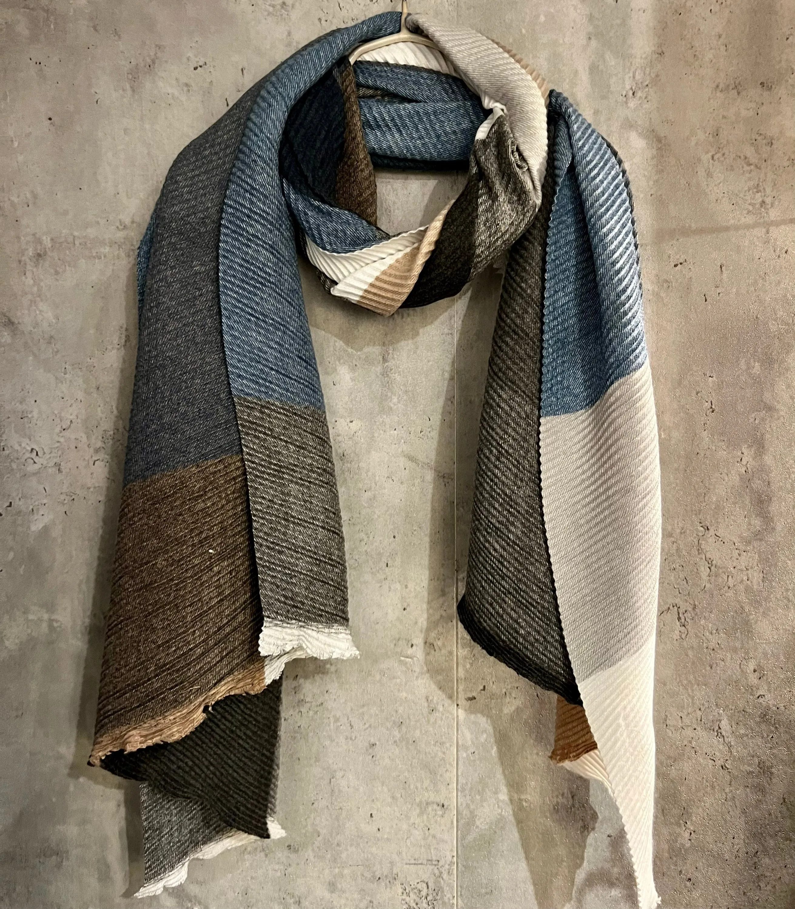 Block Pattern Blue Grey Beige Cashmere Blend Autumn Winter Scarf