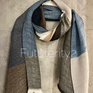 Block Pattern Blue Grey Beige Cashmere Blend Autumn Winter Scarf