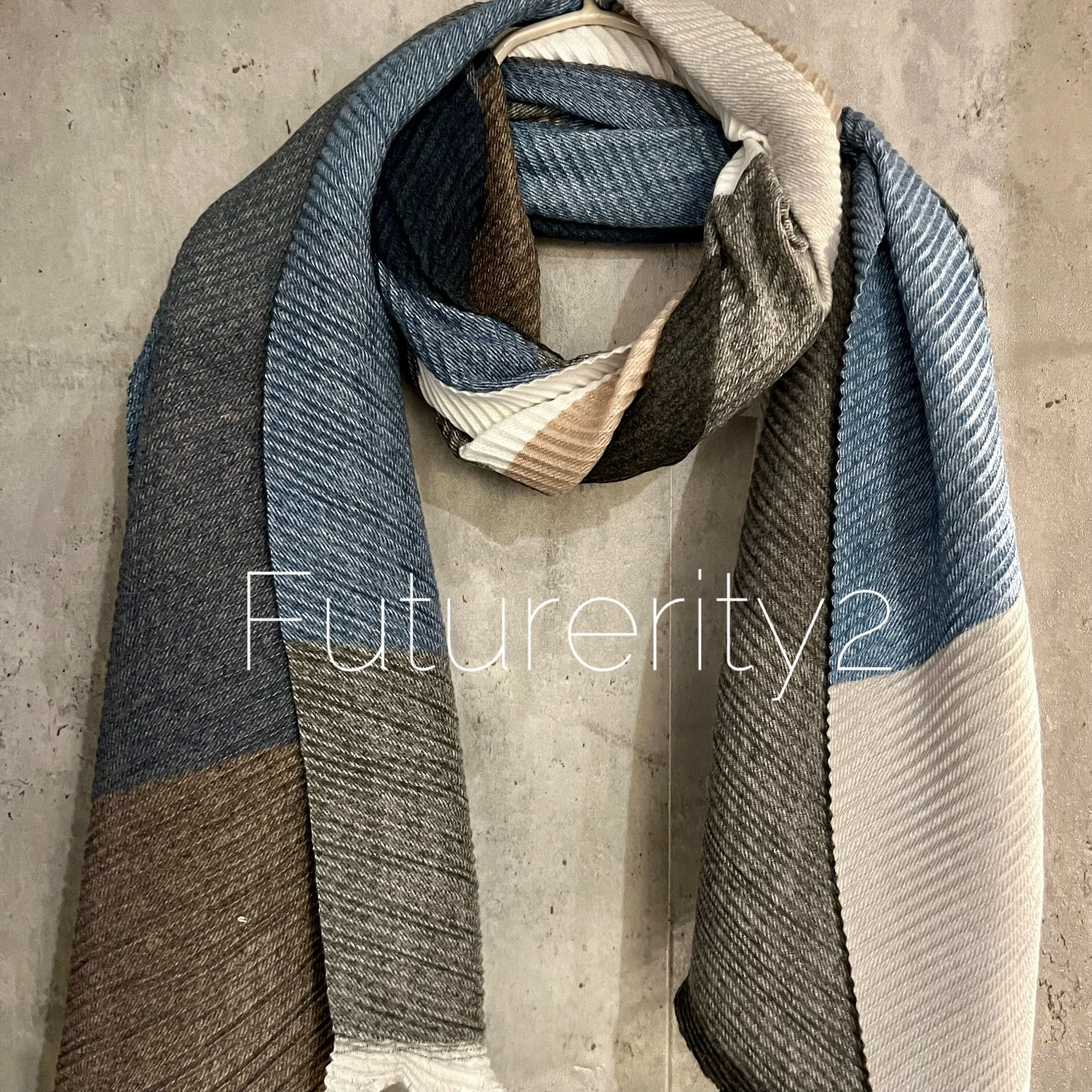 Block Pattern Blue Grey Beige Cashmere Blend Autumn Winter Scarf