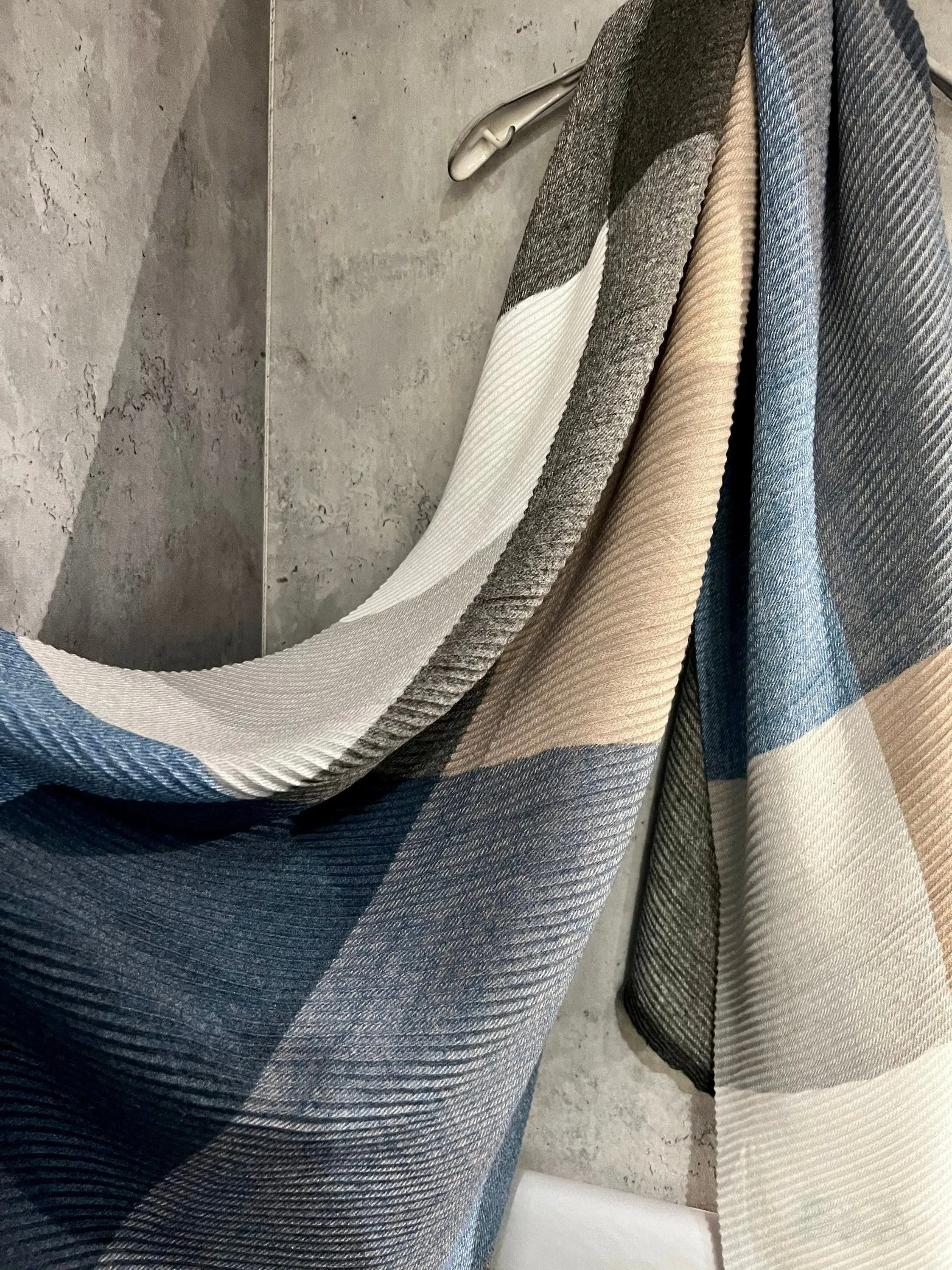 Block Pattern Blue Grey Beige Cashmere Blend Autumn Winter Scarf
