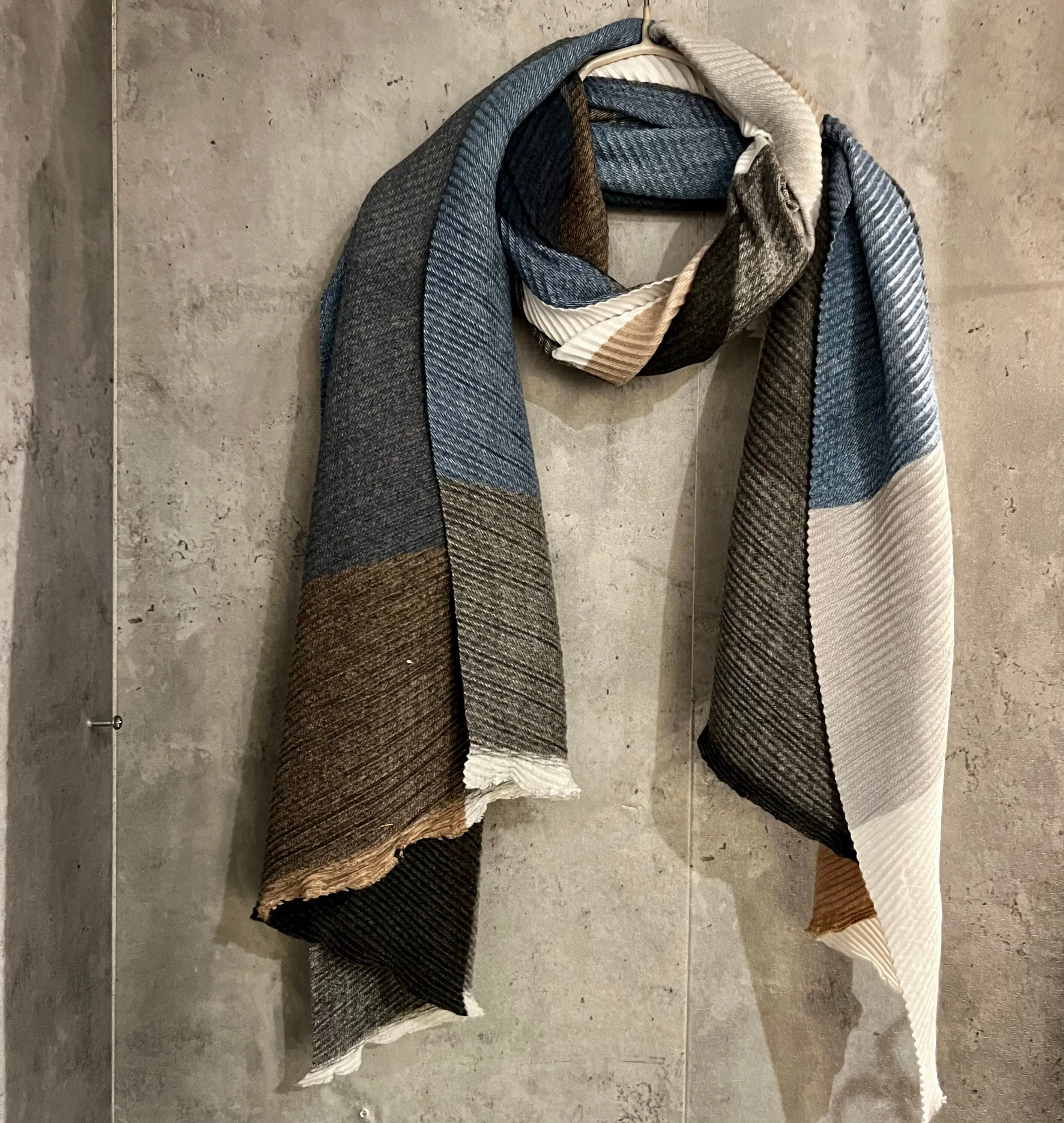 Block Pattern Blue Grey Beige Cashmere Blend Autumn Winter Scarf
