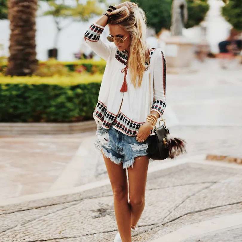 Bohemia Style Print Long Sleeve Lace Up Loose Blouse