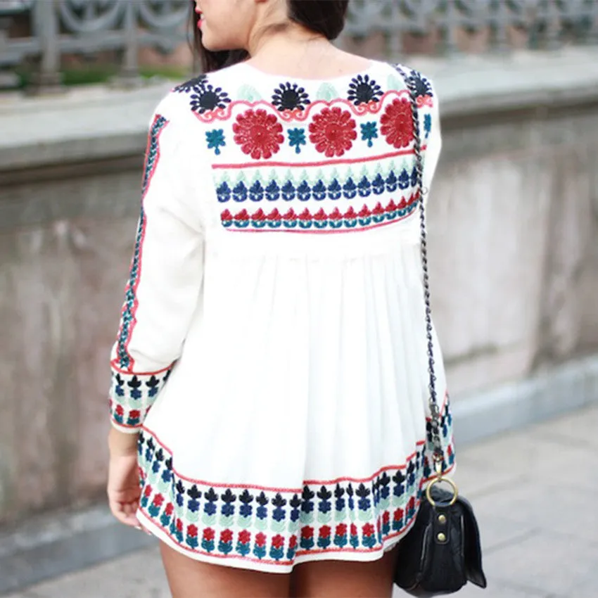 Bohemia Style Print Long Sleeve Lace Up Loose Blouse