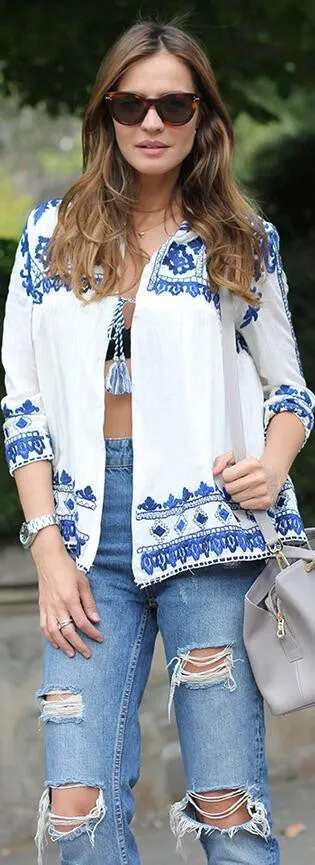 Bohemia Style Print Long Sleeve Lace Up Loose Blouse