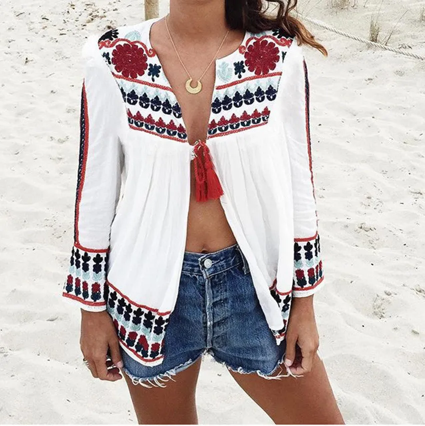 Bohemia Style Print Long Sleeve Lace Up Loose Blouse