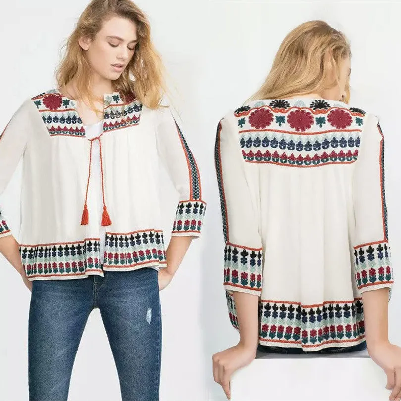 Bohemia Style Print Long Sleeve Lace Up Loose Blouse