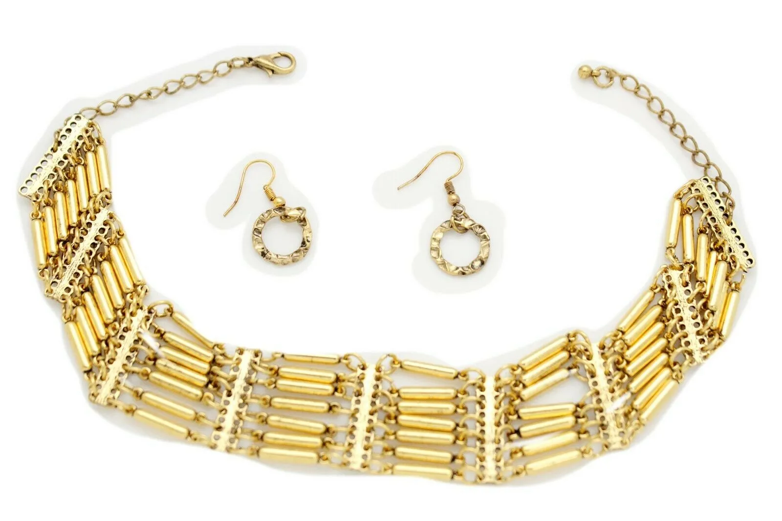 Bohemian Gold Metal Choker Necklace   Earrings Jewelry