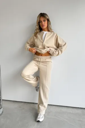 Bomber Jacket Jogger Tracksuit Set - Beige