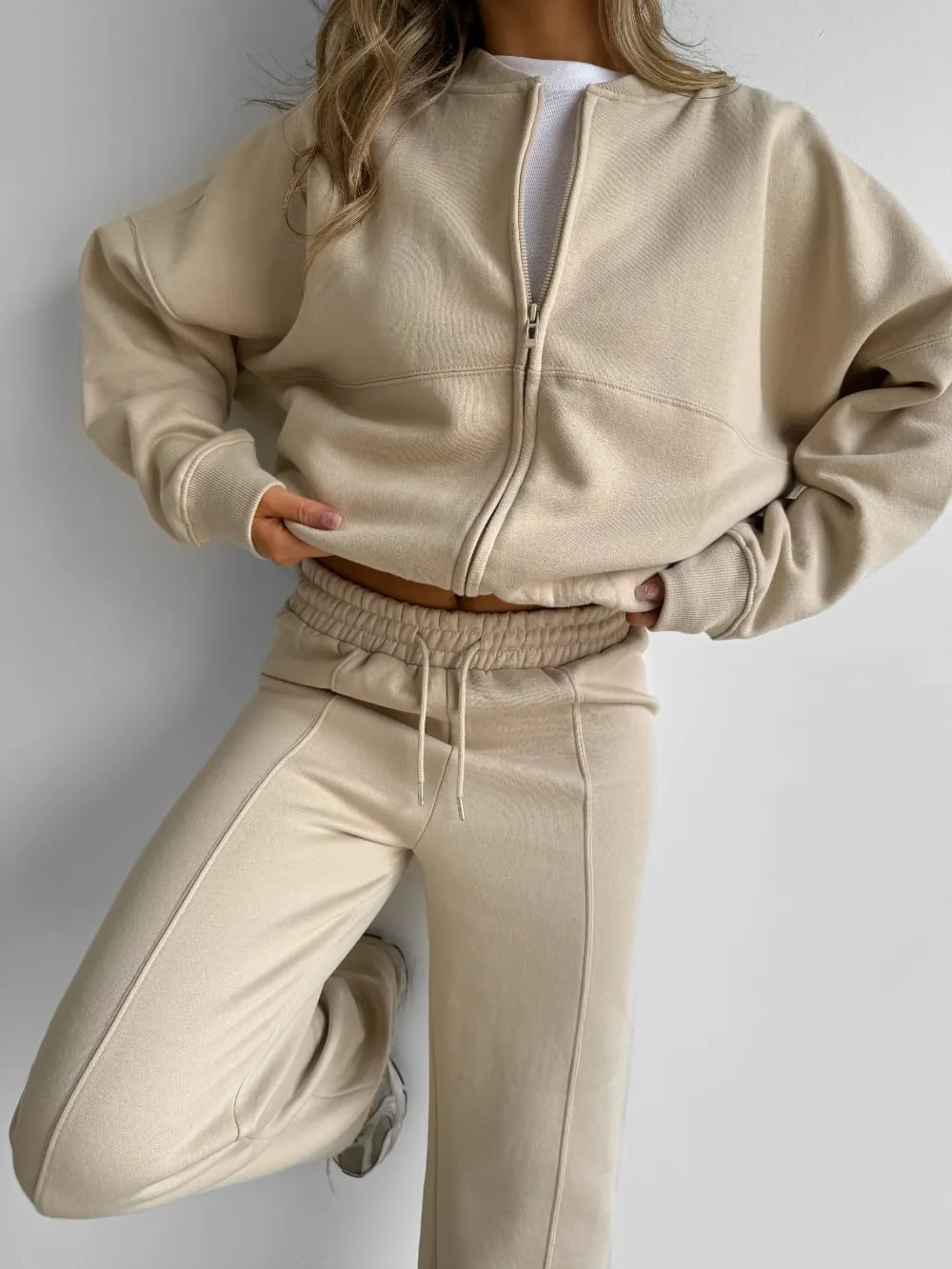Bomber Jacket Jogger Tracksuit Set - Beige