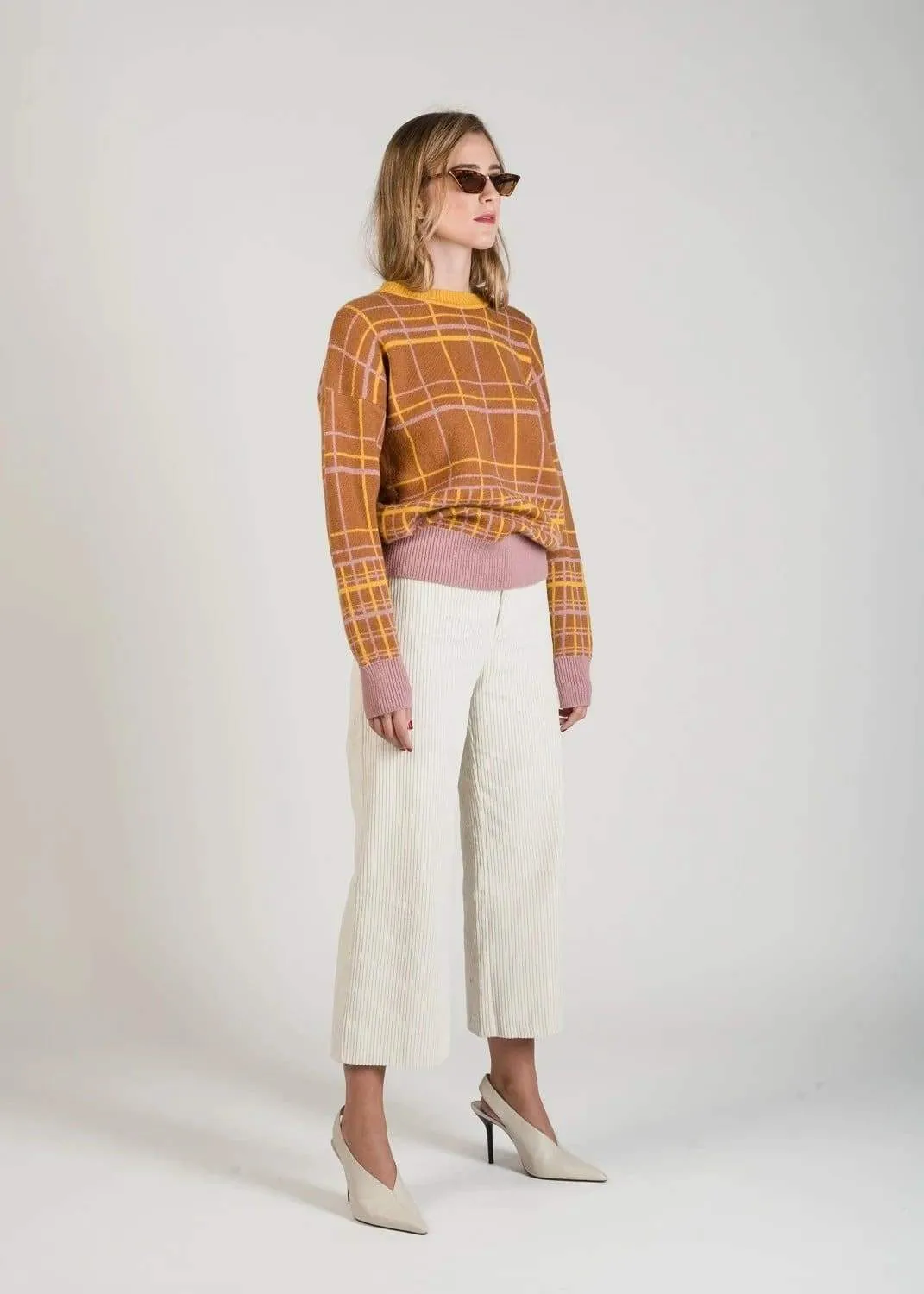 Brown Check Fluffy Jumper with Pastel Colours by Linu