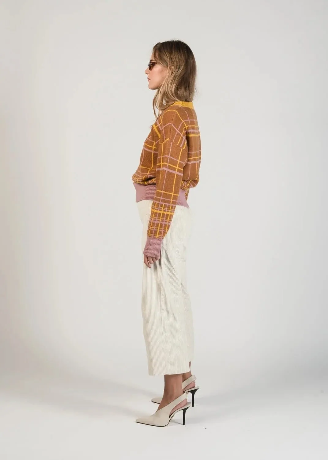Brown Check Fluffy Jumper with Pastel Colours by Linu