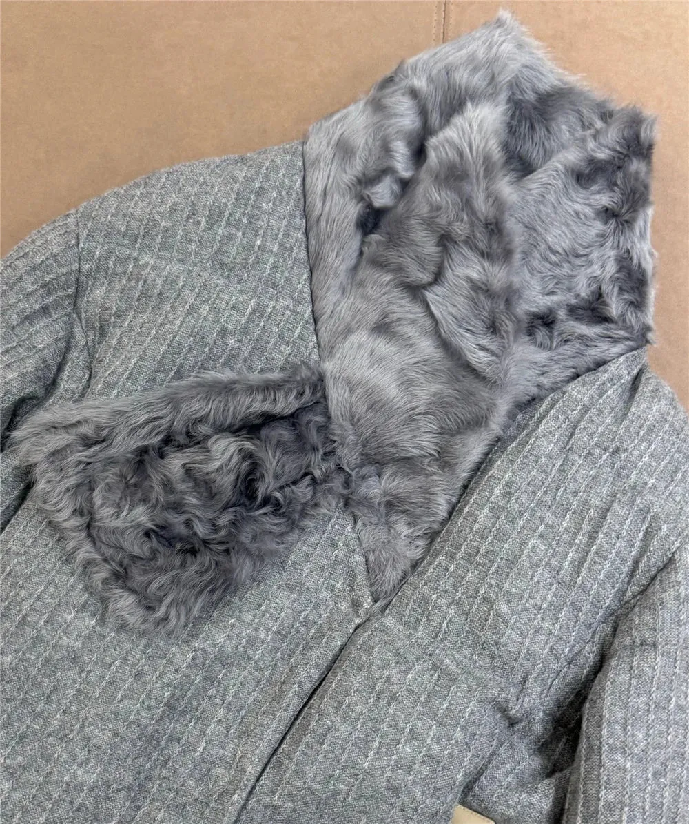 Cashmere Knitted Lambskin Collar Thick Goose Down Jacket