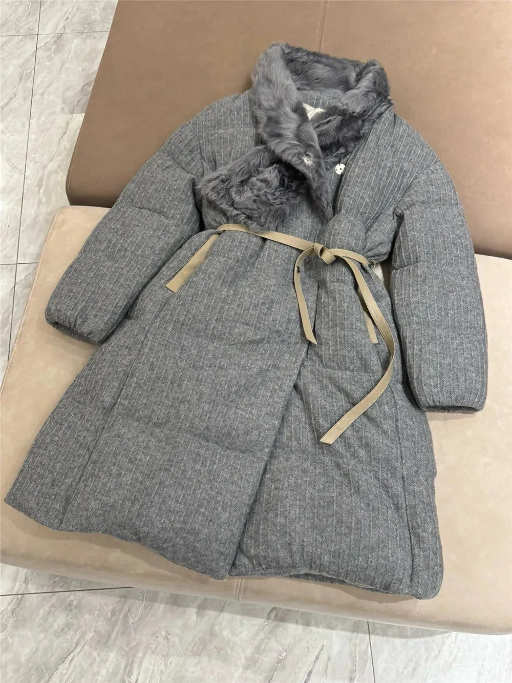 Cashmere Knitted Lambskin Collar Thick Goose Down Jacket