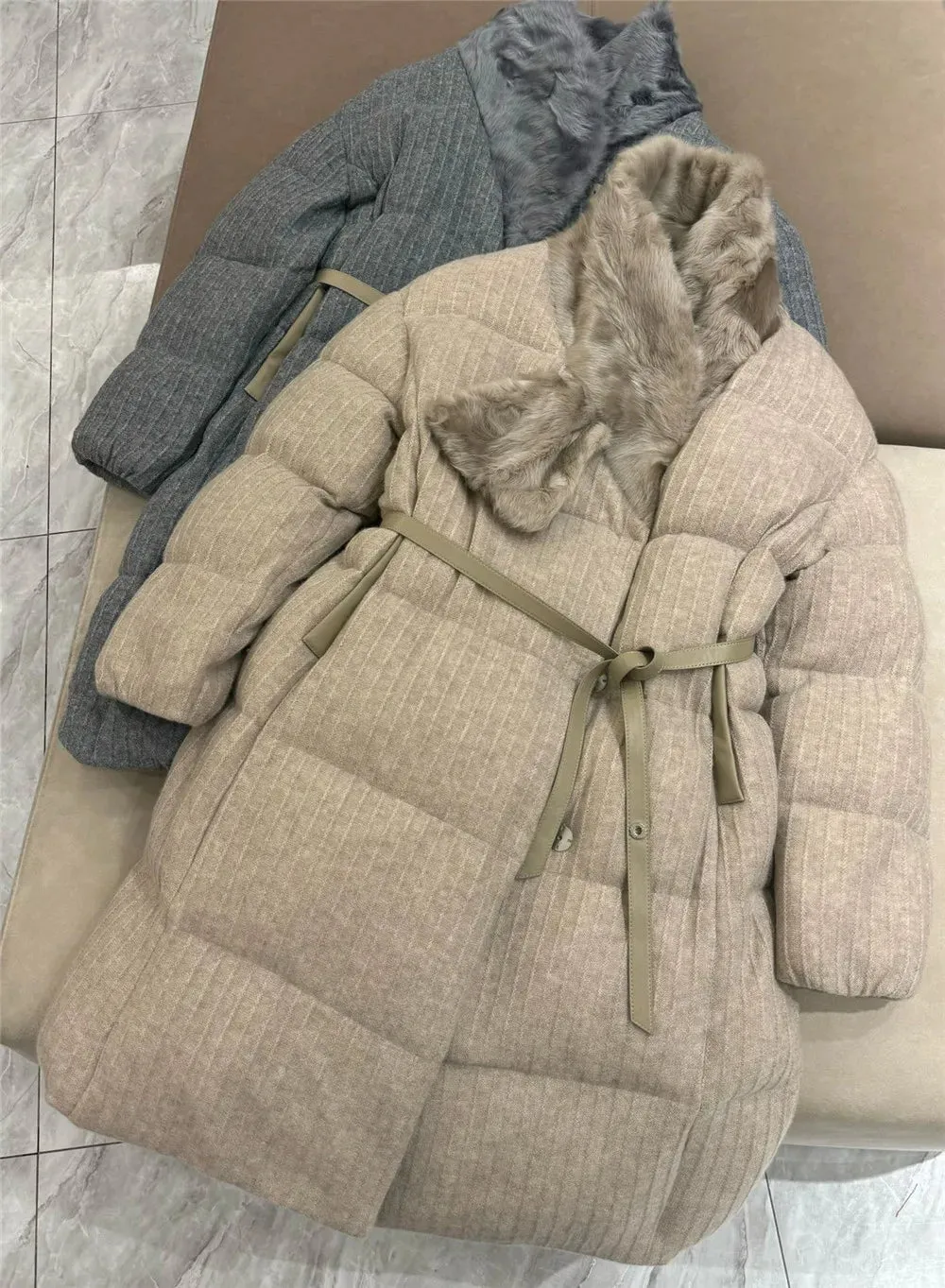 Cashmere Knitted Lambskin Collar Thick Goose Down Jacket
