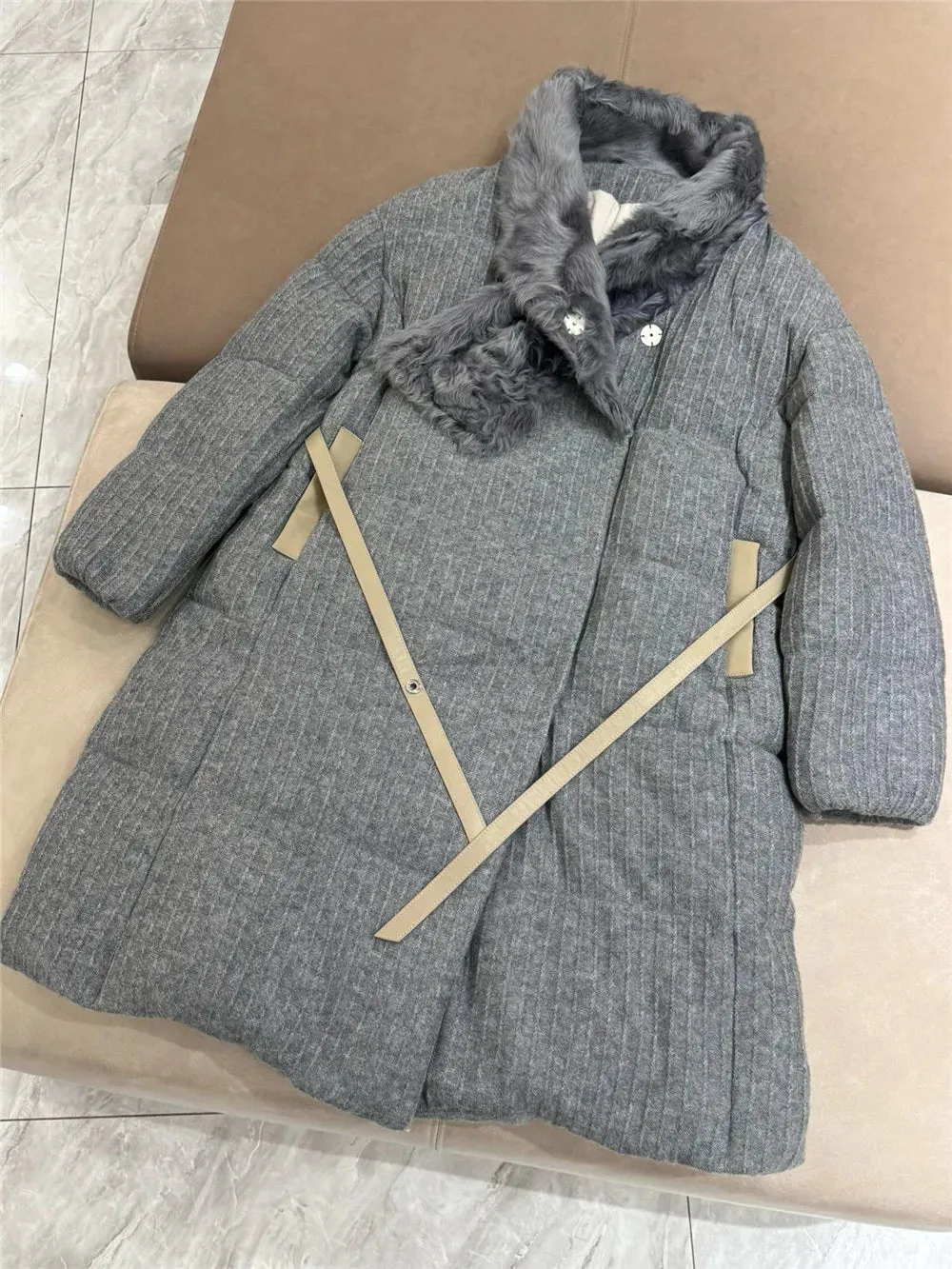 Cashmere Knitted Lambskin Collar Thick Goose Down Jacket