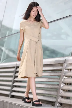 Casual Short-Sleeved Midi-Length V-neck Women's Designer linen Dress C262