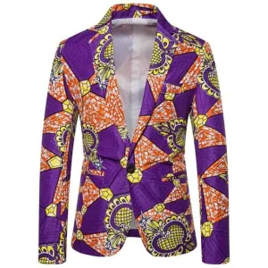 CGSUITS Men's Fashion Luxury Style Floral Abstract Printed Purple Orange Blazer Suit Jacket