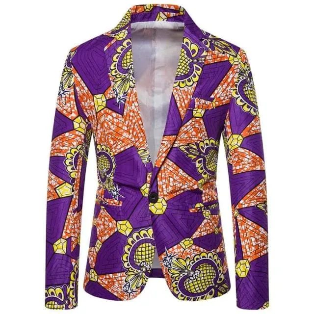 CGSUITS Men's Fashion Luxury Style Floral Abstract Printed Purple Orange Blazer Suit Jacket
