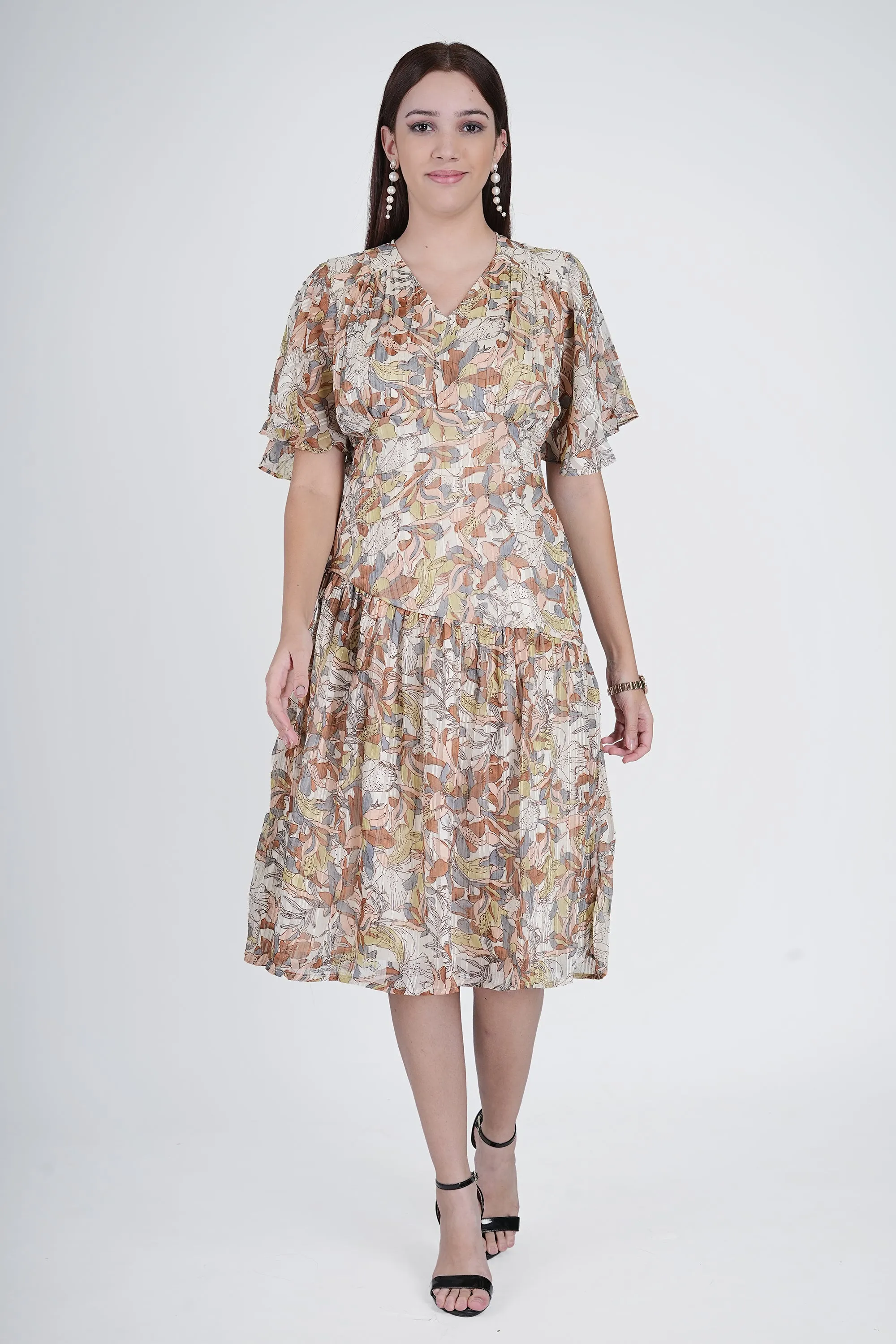 Chic Beige Printed Midi Dress with Pockets | VINTAGE