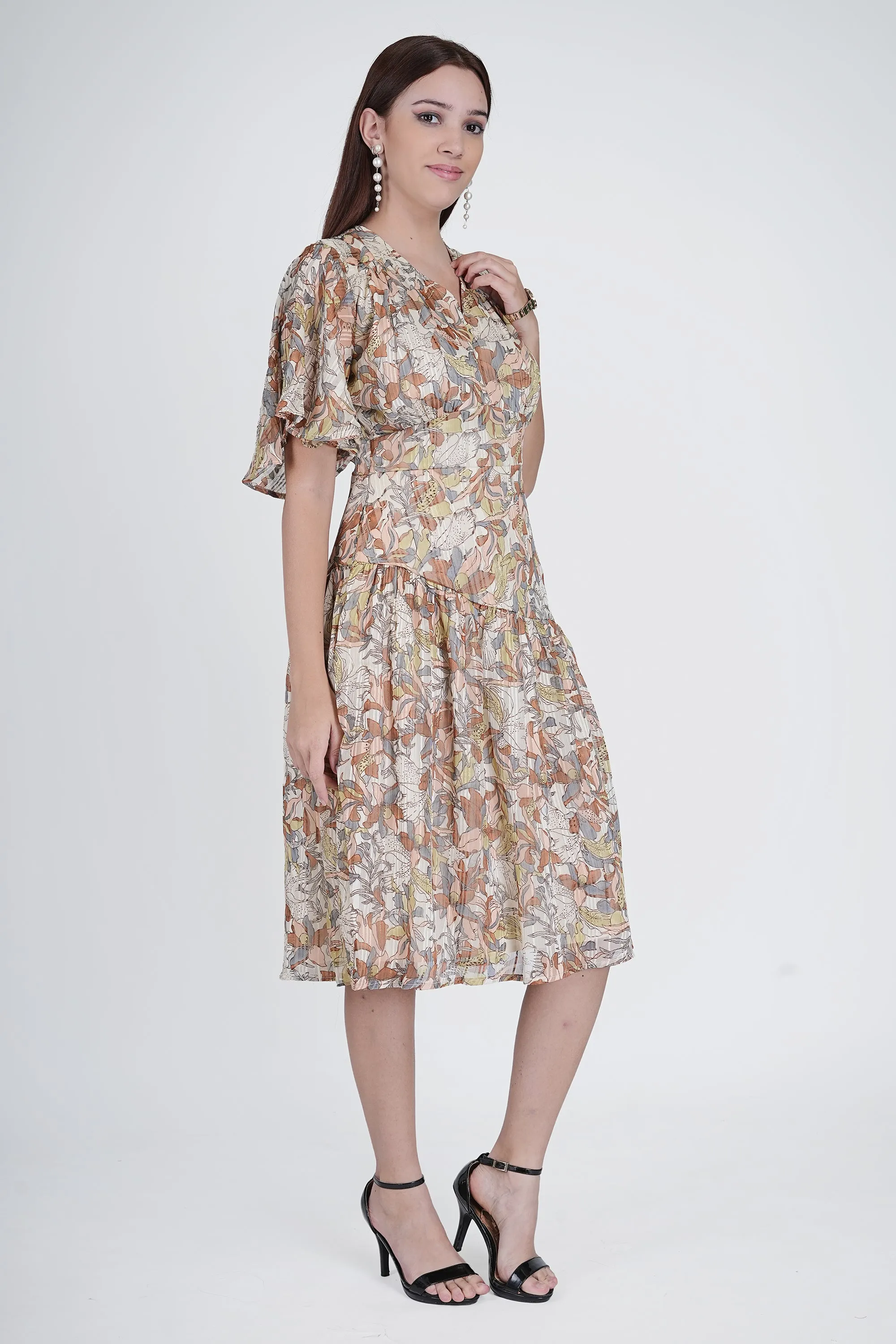Chic Beige Printed Midi Dress with Pockets | VINTAGE