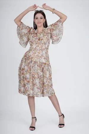 Chic Beige Printed Midi Dress with Pockets | VINTAGE