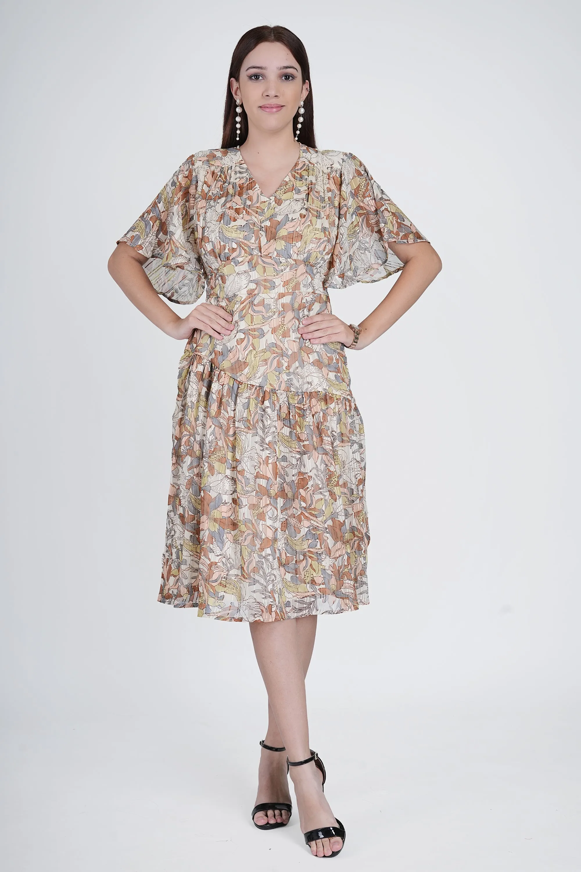 Chic Beige Printed Midi Dress with Pockets | VINTAGE