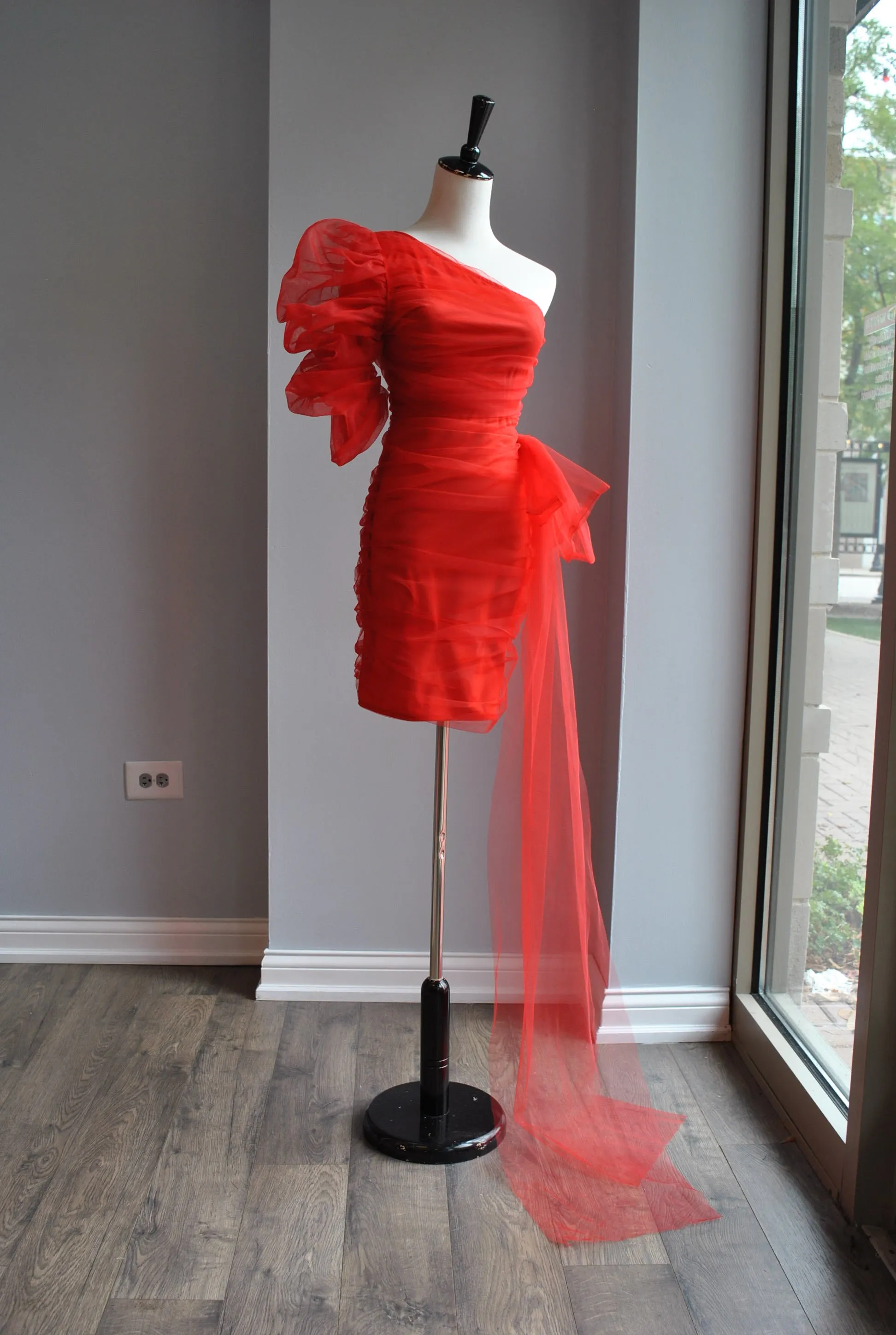 CLEARANCE - RED SHEER ASYMMETRIC COCKTAIL MINI DRESS