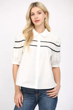 Contrast Shirred Short-Sleeve Top