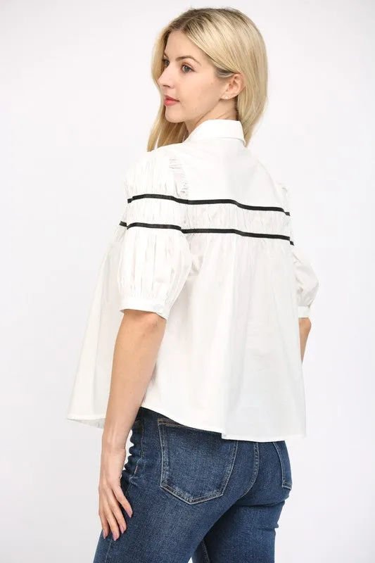 Contrast Shirred Short-Sleeve Top