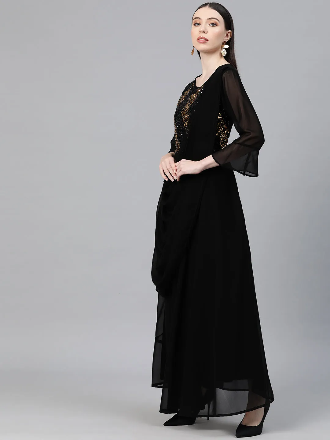 Cottinfab Women Embellished Bell Sleeves Layered Maxi Dress