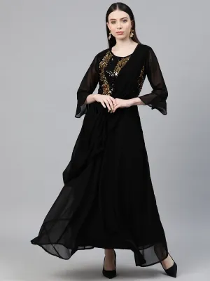 Cottinfab Women Embellished Bell Sleeves Layered Maxi Dress