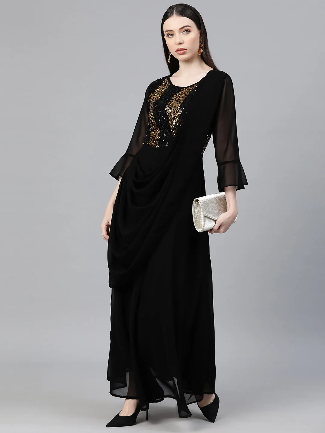 Cottinfab Women Embellished Bell Sleeves Layered Maxi Dress