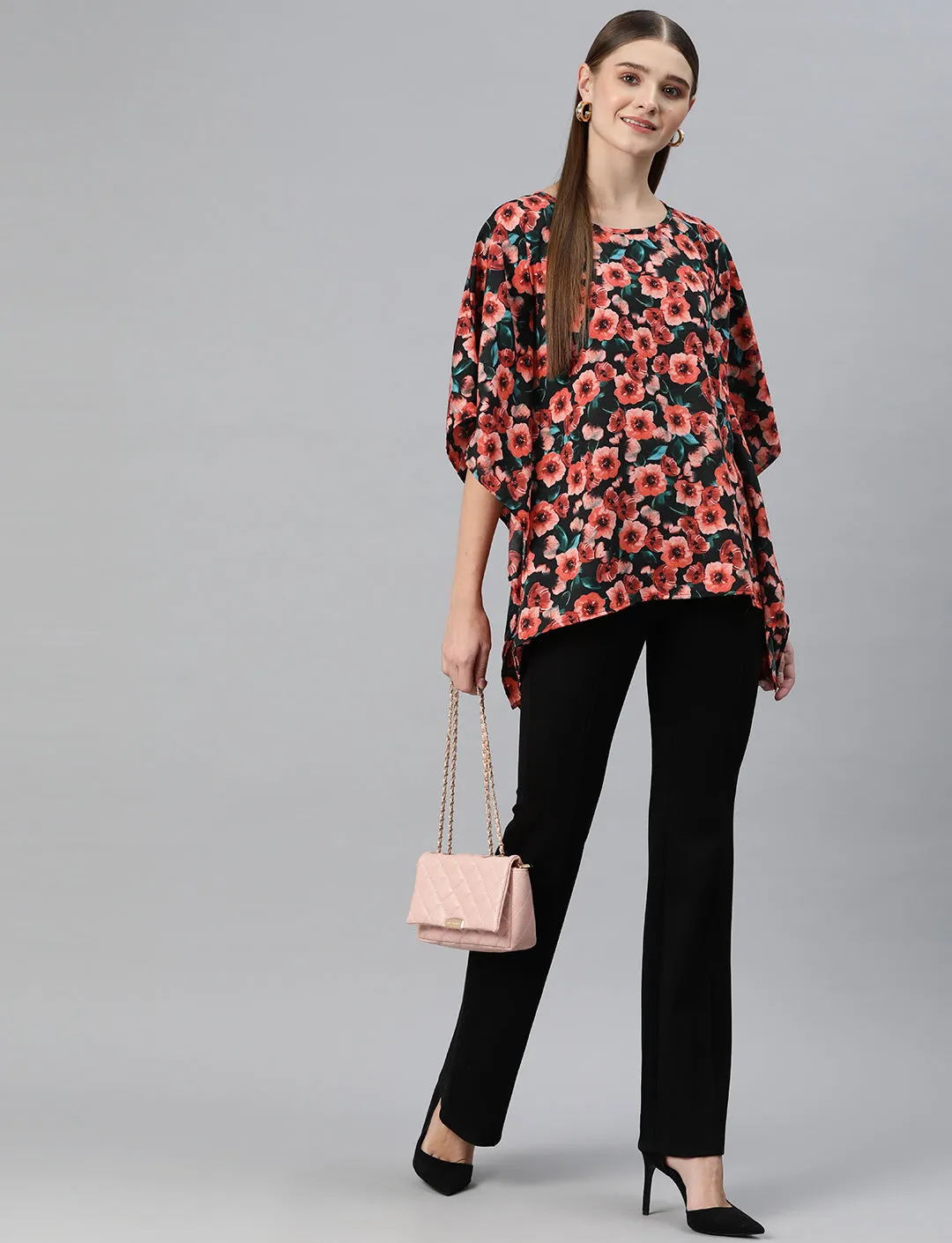 Cottinfab Women Floral Printed Kimono Sleeves Crepe Kaftan Longline Top