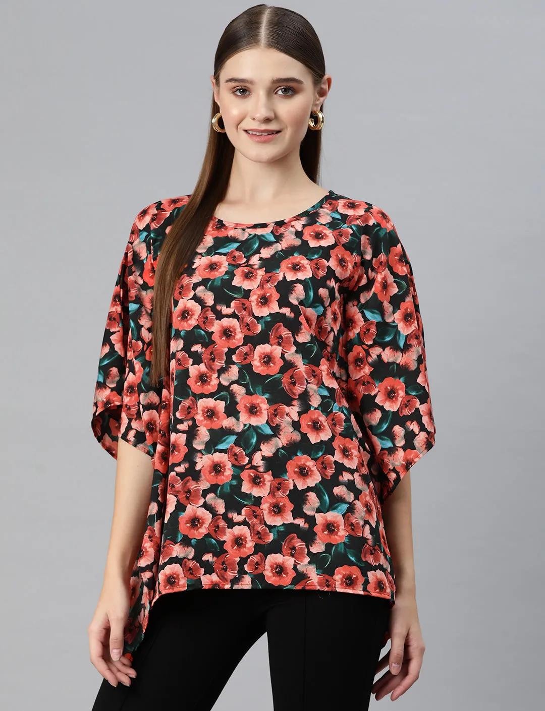 Cottinfab Women Floral Printed Kimono Sleeves Crepe Kaftan Longline Top